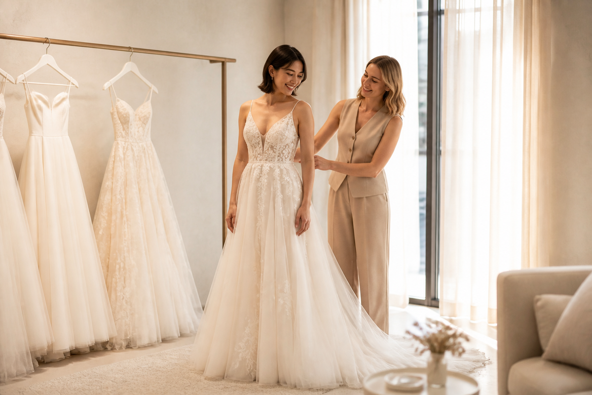 Bride calmly trying an in-stock wedding gown in a Brisbane bridal studio