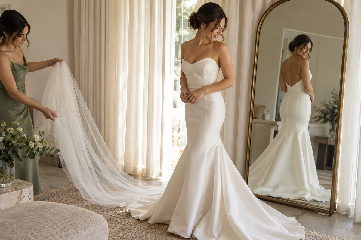 Editorial bridal scene with a fitted mermaid silhouette beside a mirror