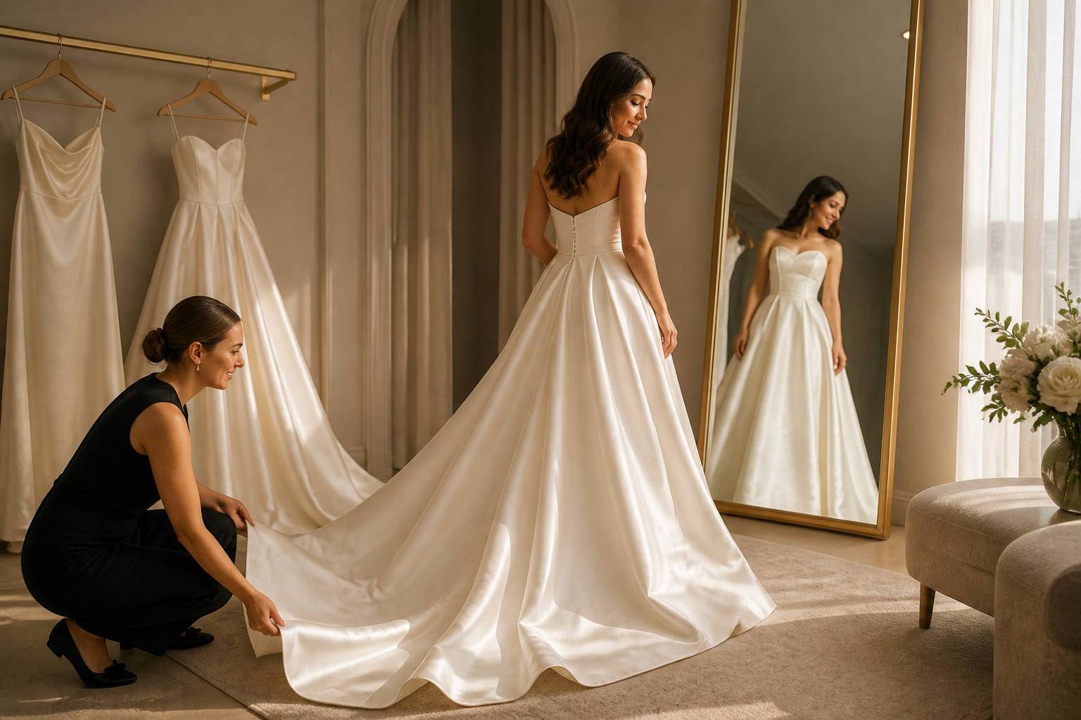 Bride comparing the silhouette and drape of a satin wedding gown