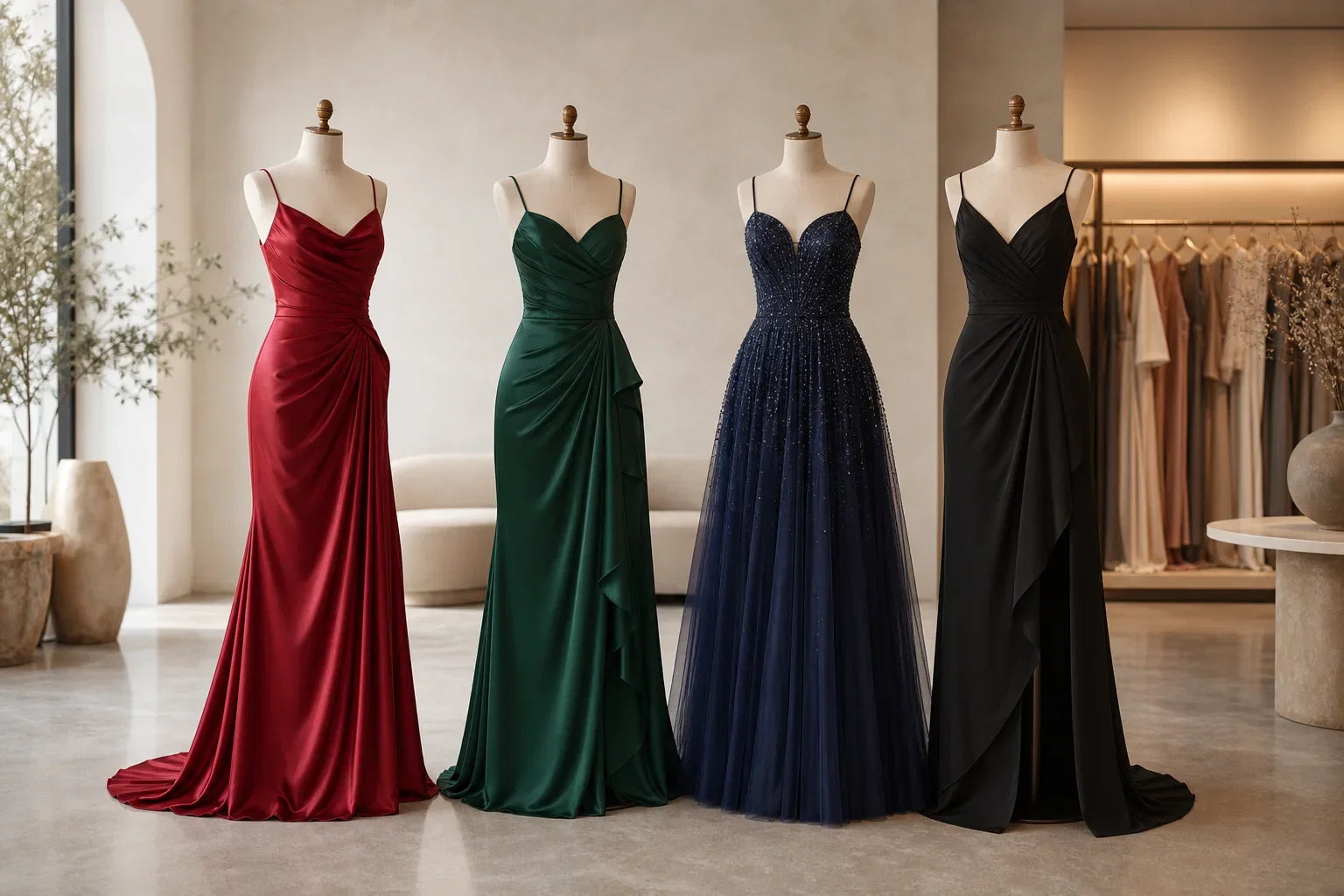 School formal dresses displayed in red, green, blue and black