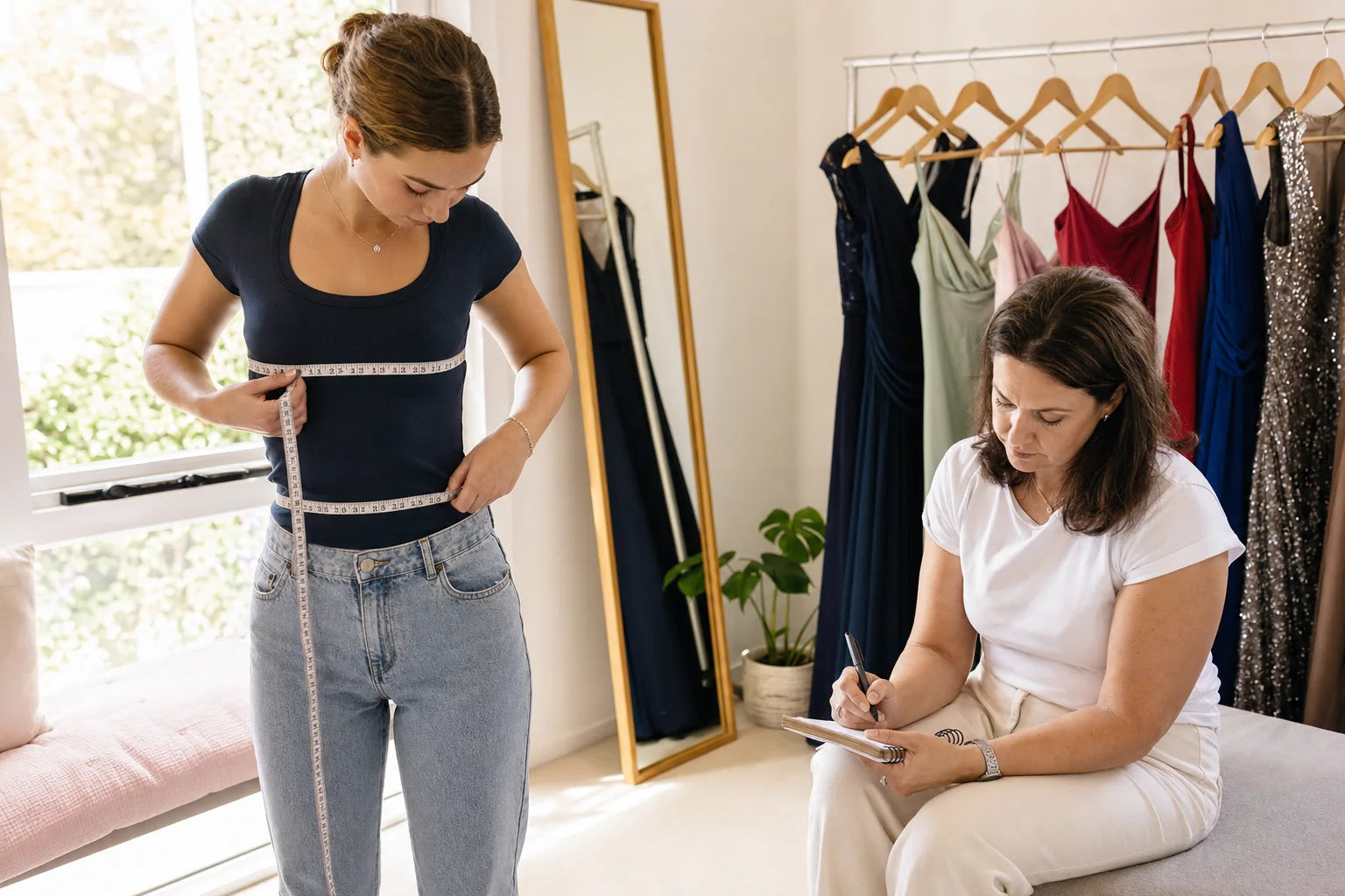 Student measuring for a school formal dress with help from a parent