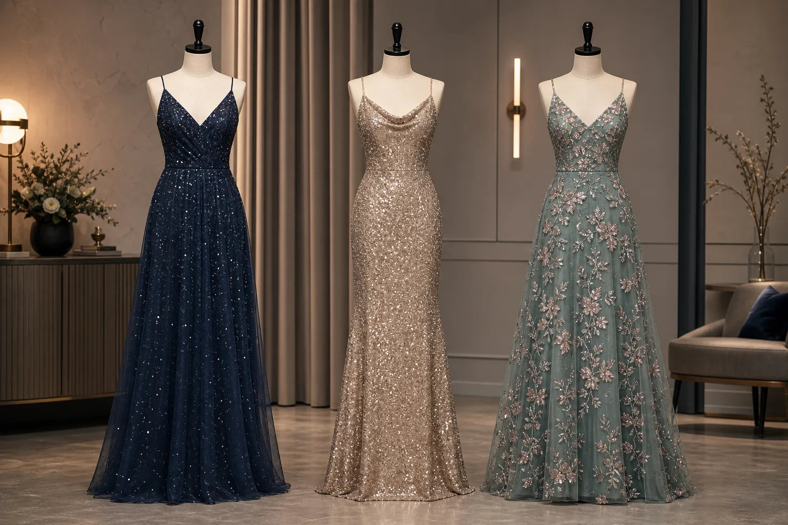 Three sequin formal dresses with different levels of sparkle