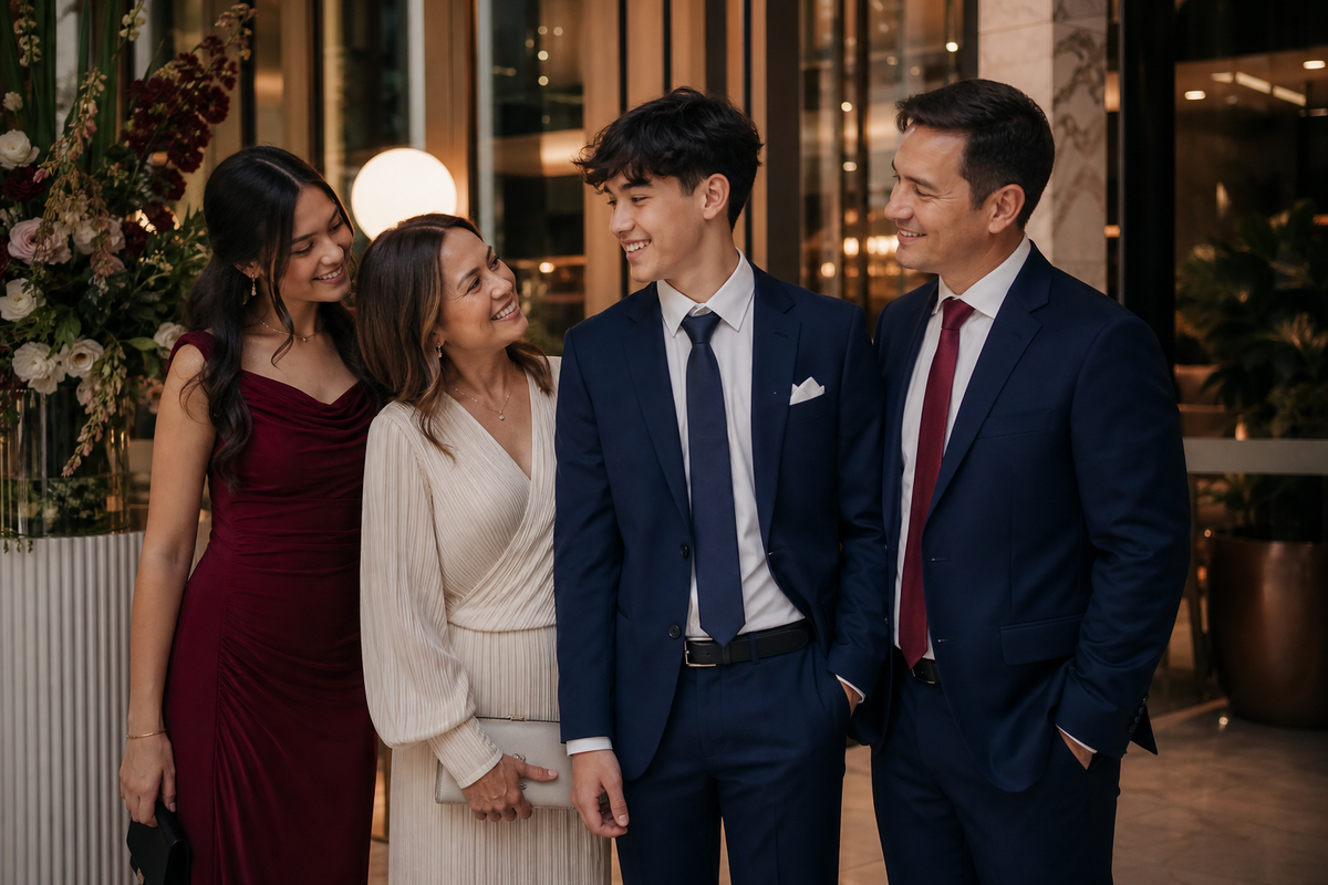 Siblings dressed for a Year 12 formal dinner in Australia