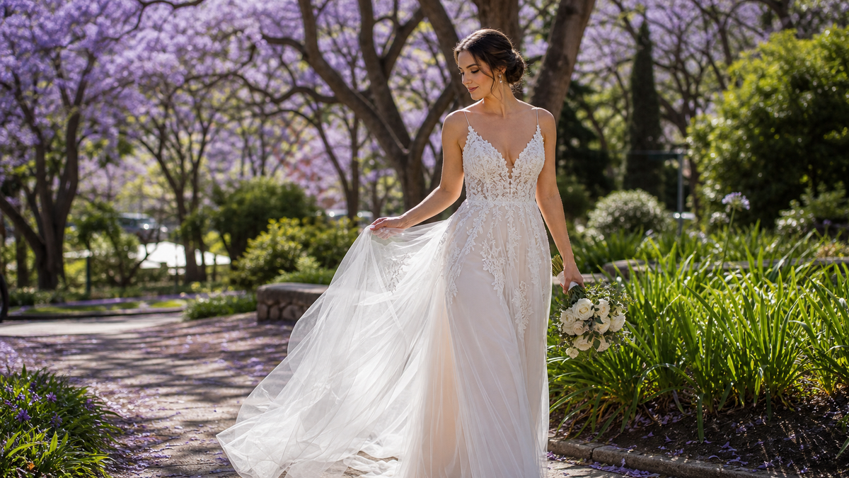 Bride walking through a Brisbane spring garden