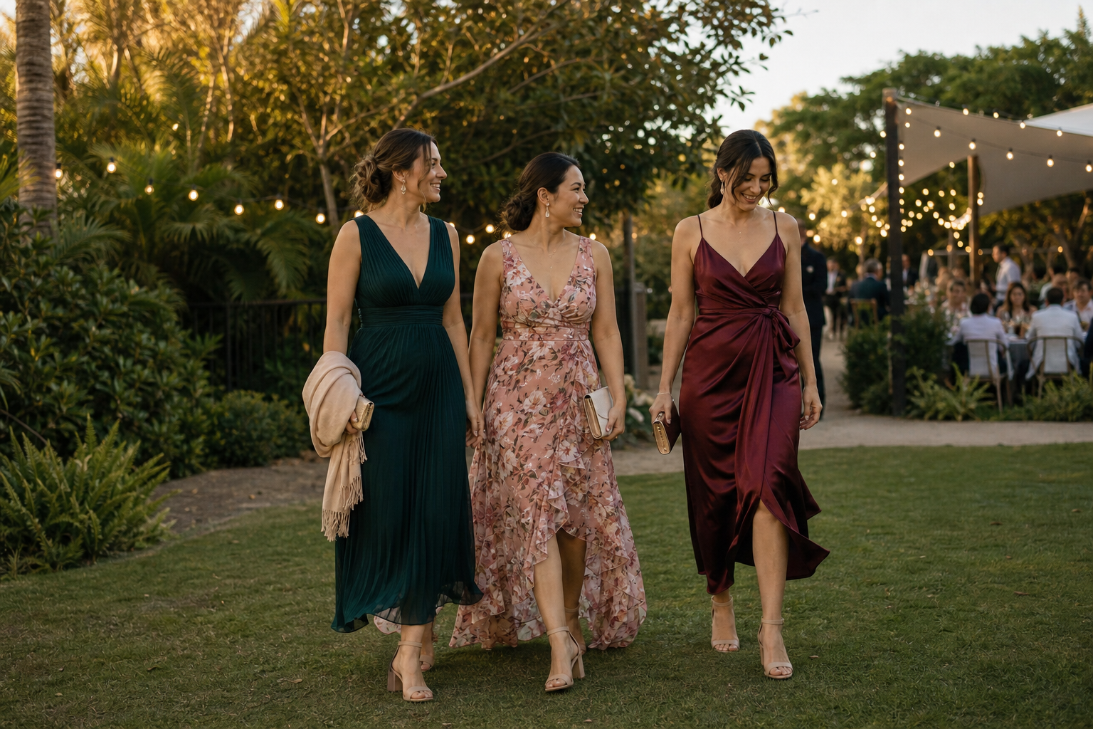Wedding guests in spring formal dresses at a Brisbane garden reception