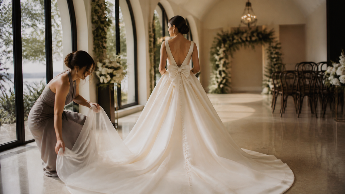 Bride and attendant arranging a long wedding dress train