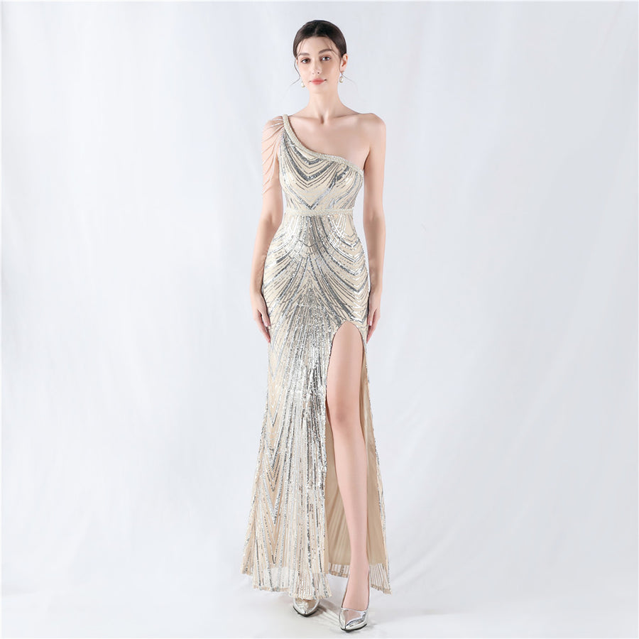 Beaded One Shoulder Formal Dress