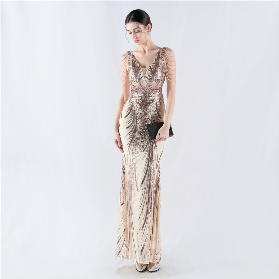 Positioned Flower Beaded Formal Dress (with cape)