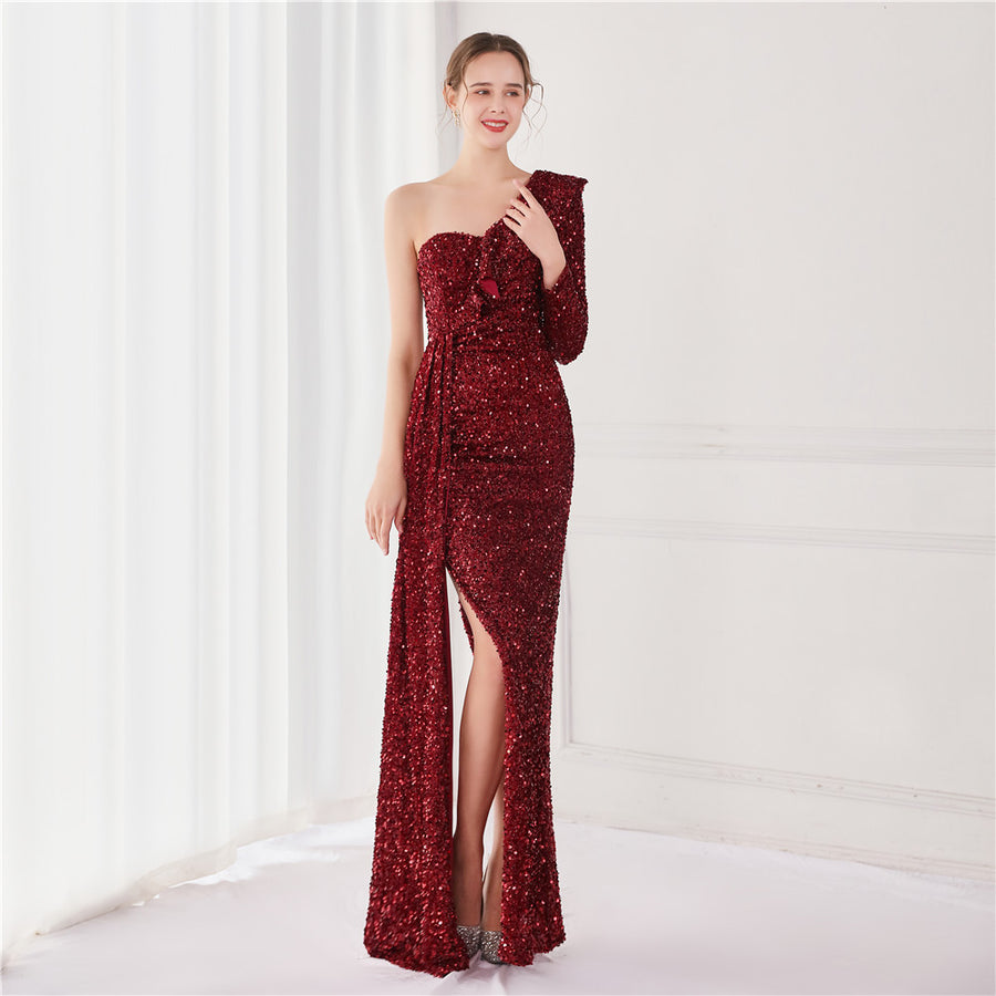 One Shoulder Side Split Formal Dress