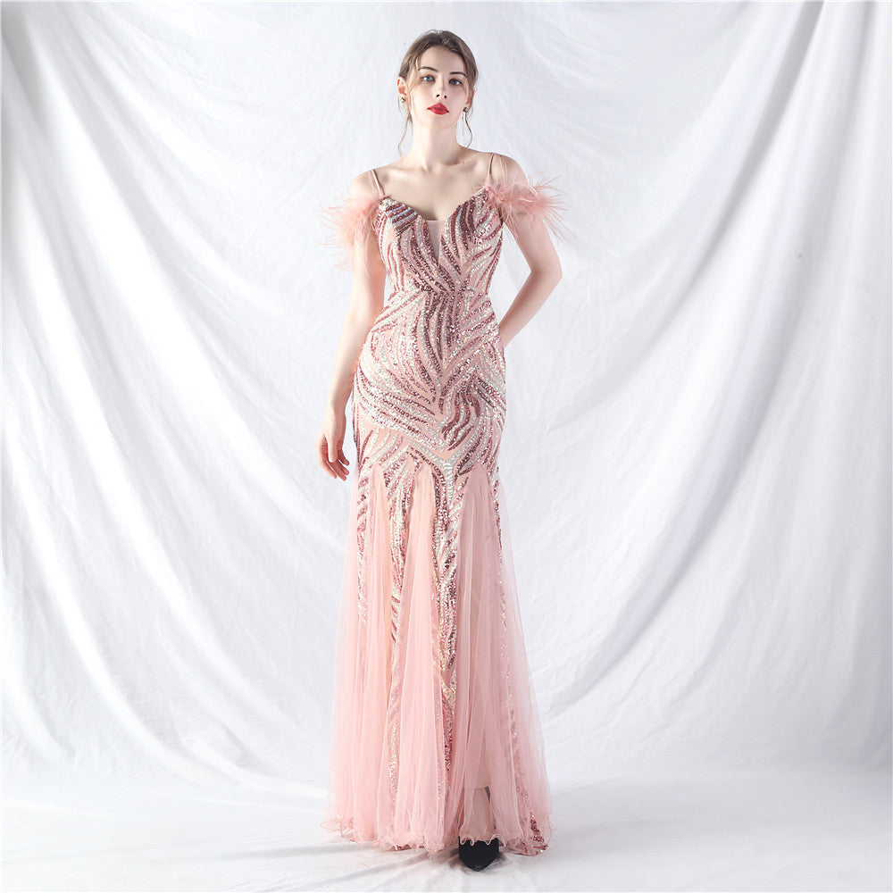 Beaded Patchwork Mesh Formal Dress