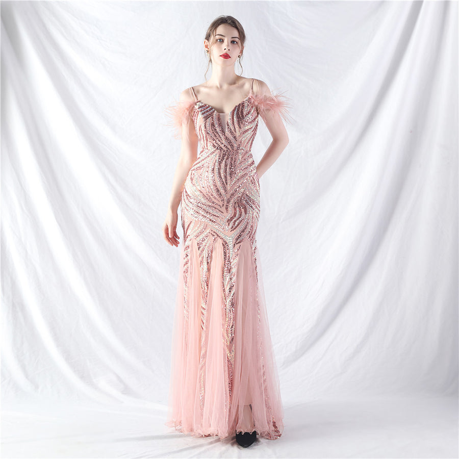 Beaded Patchwork Mesh Formal Dress