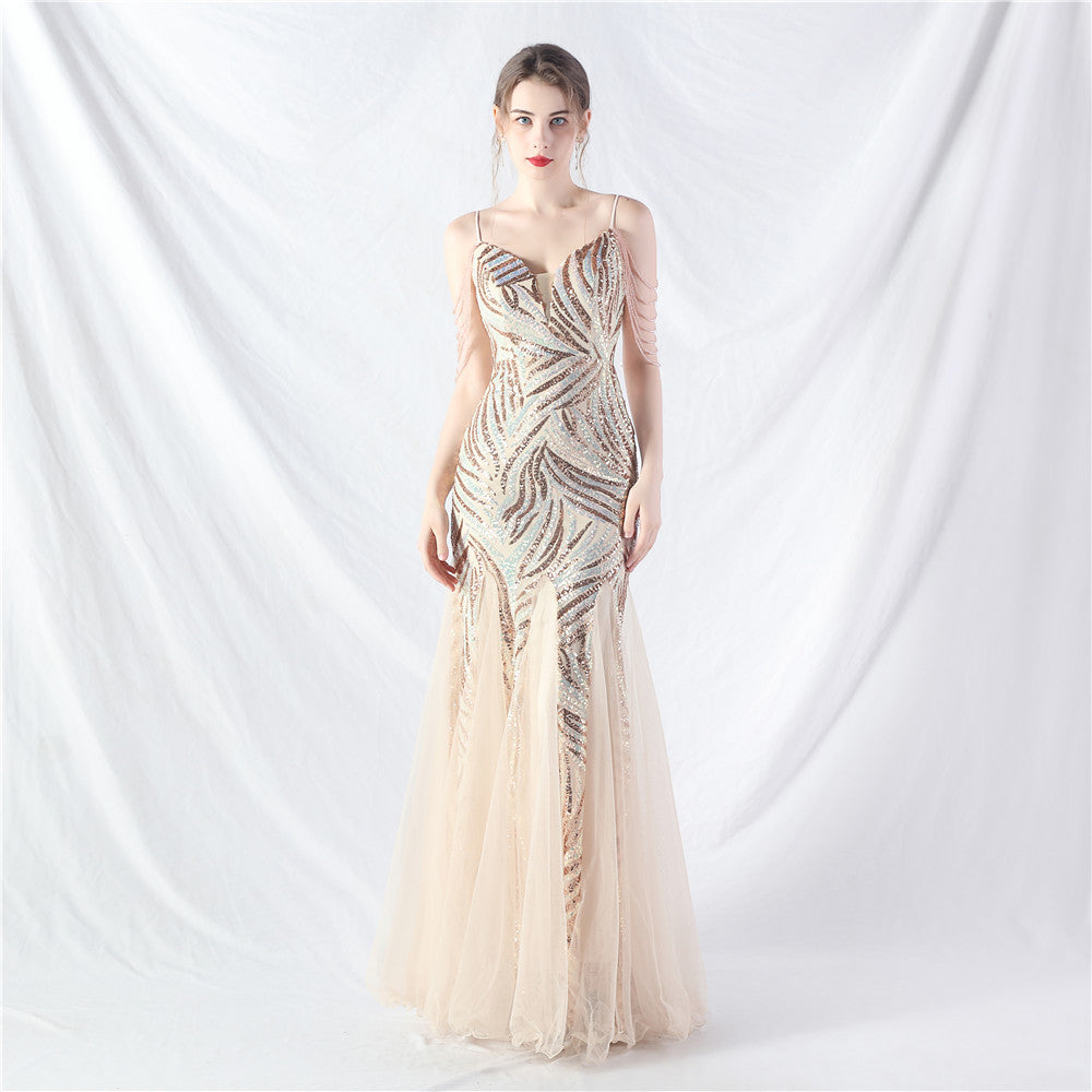 Beaded Patchwork Mesh Formal Dress