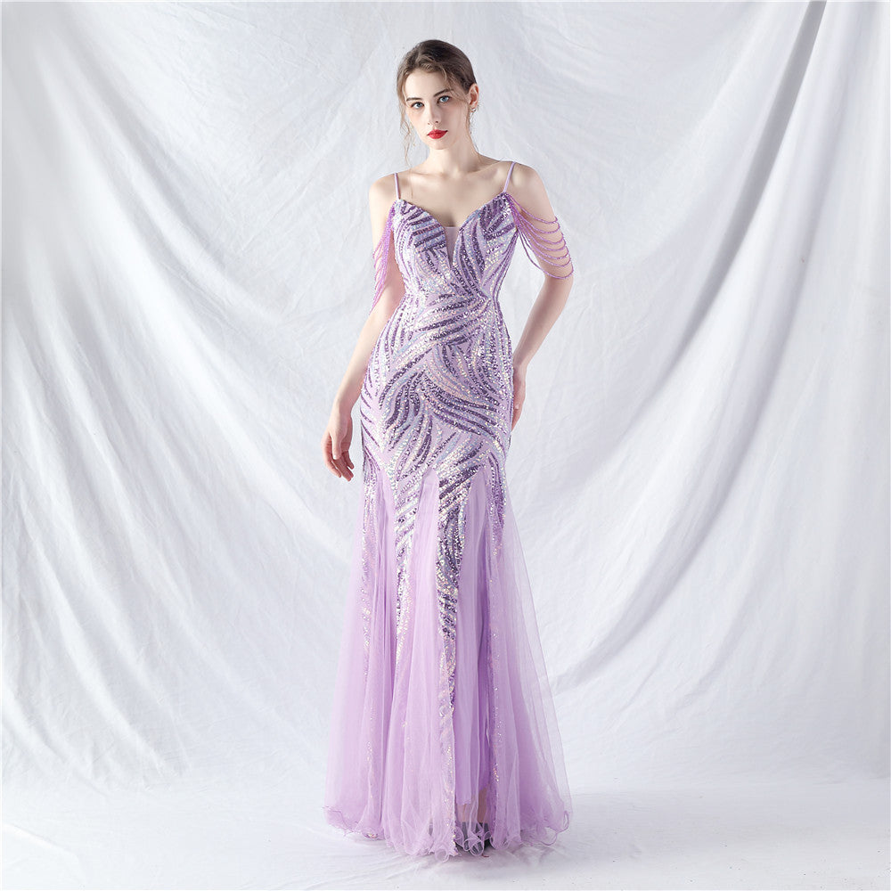Beaded Patchwork Mesh Formal Dress