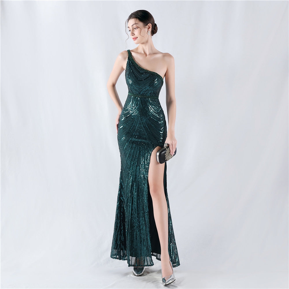 Beaded High Cut One Shoulder Formal Dress
