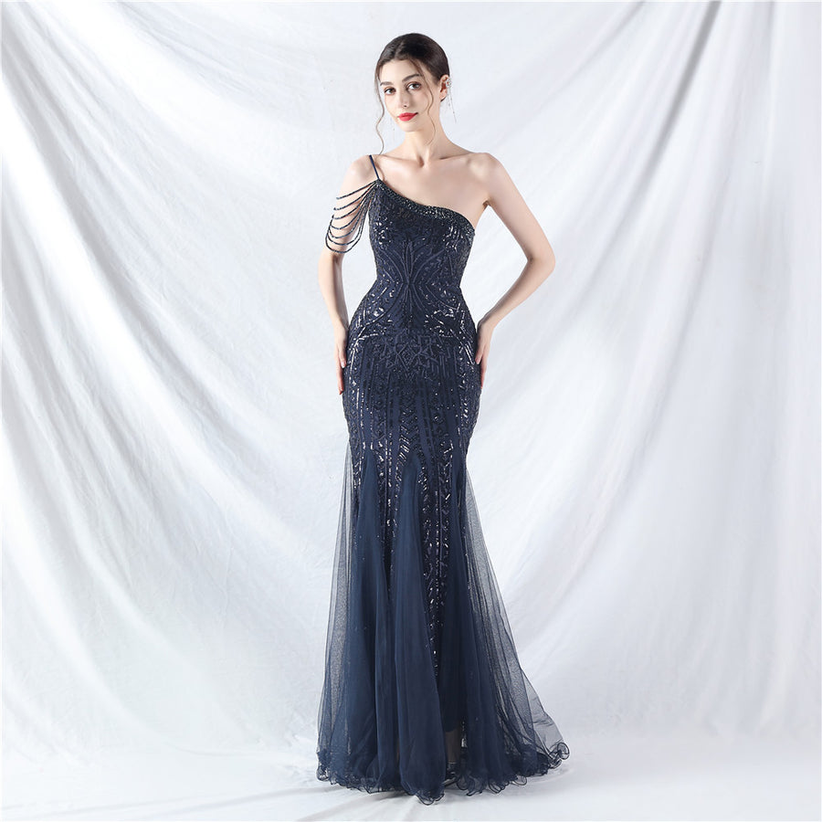 Beaded Patchwork Mesh One Shoulder Formal Gown