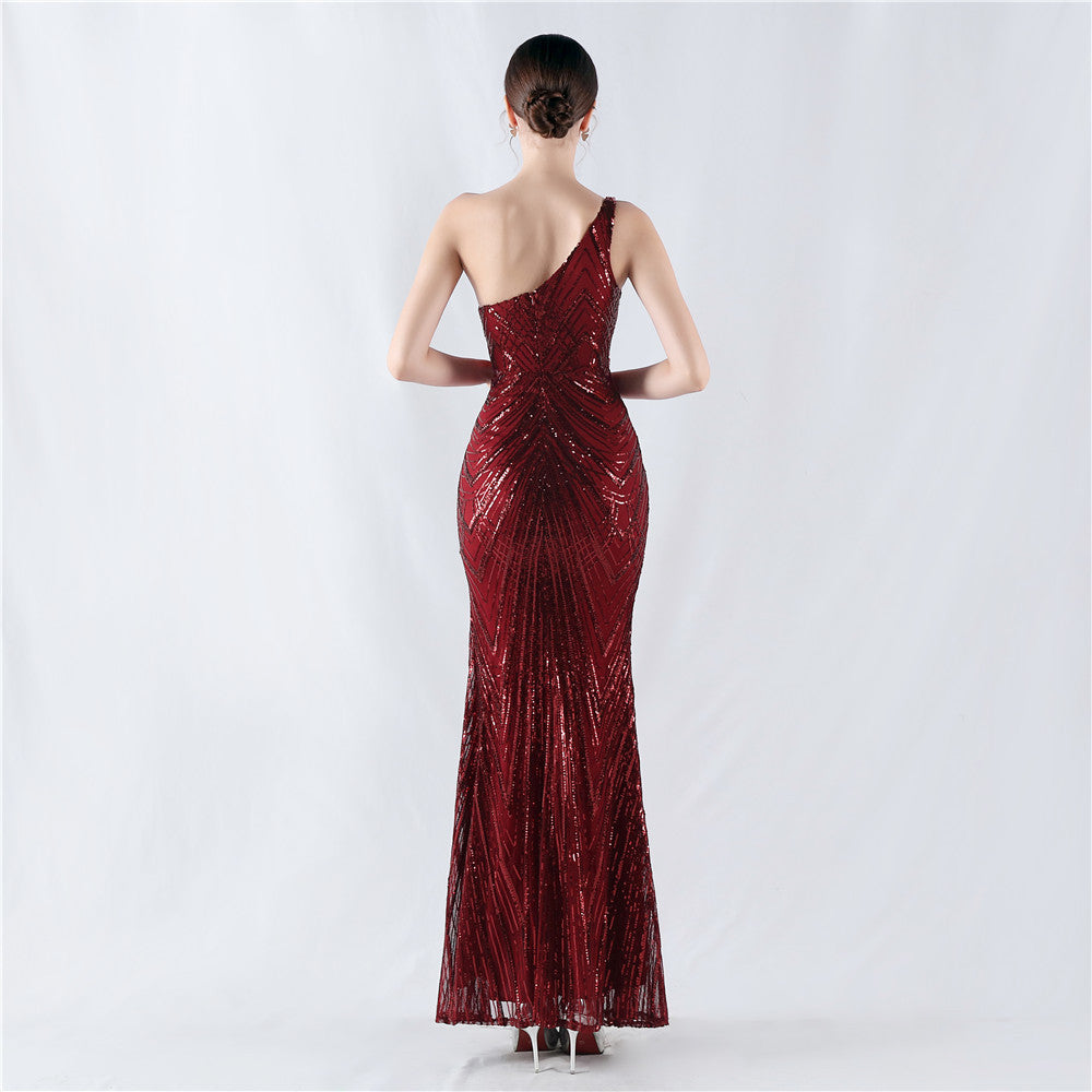 Beaded High Cut One Shoulder Formal Dress