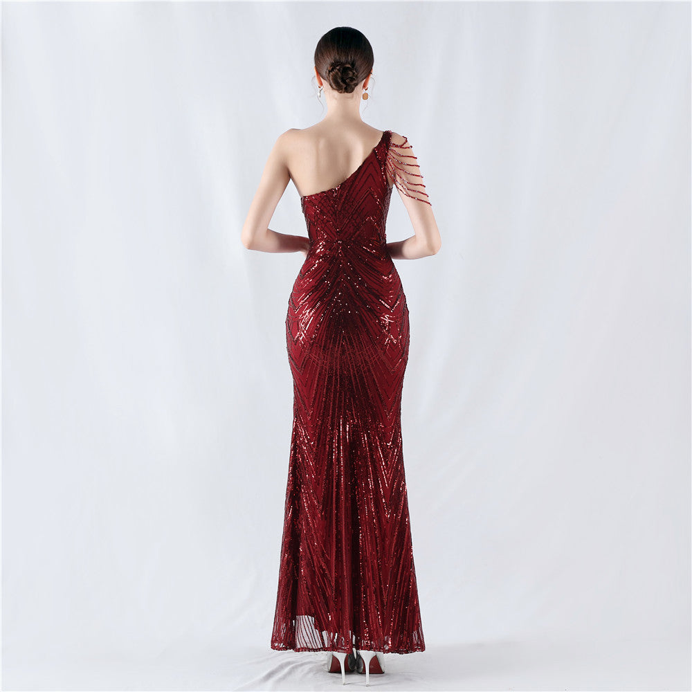 Beaded One Shoulder Formal Dress