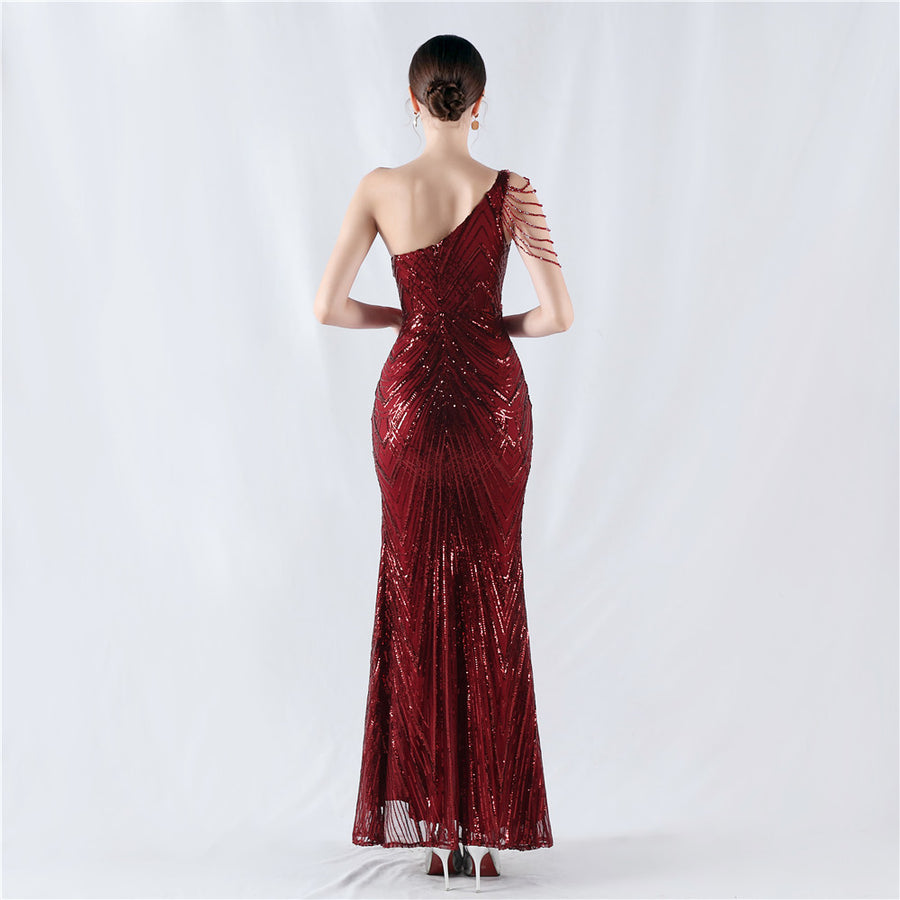 Beaded One Shoulder Formal Dress