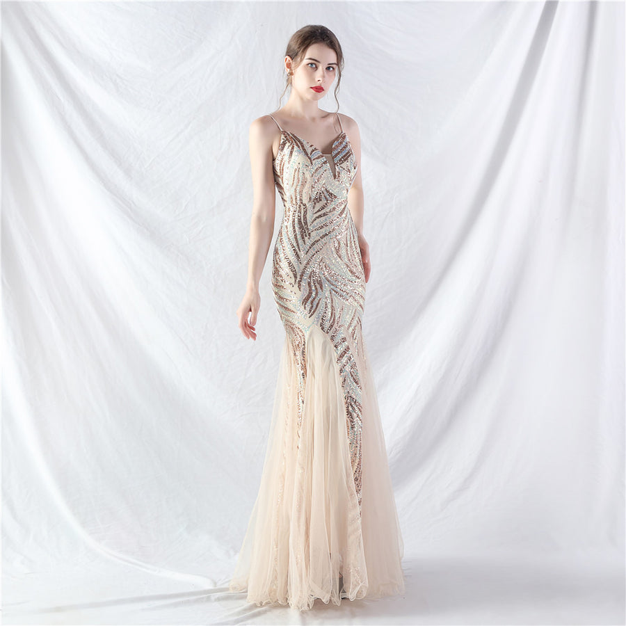 Beaded Patchwork Mesh Halter Formal Dresses