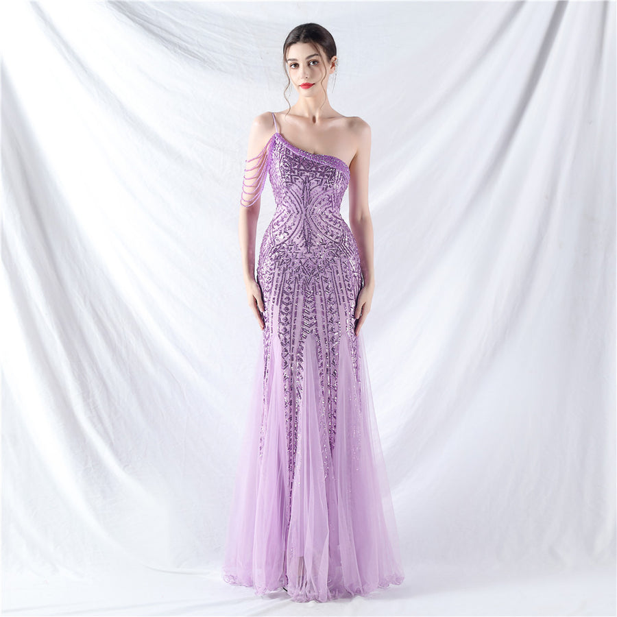 Beaded Patchwork Mesh One Shoulder Formal Gown