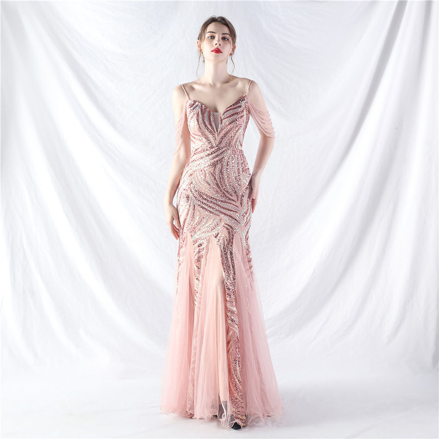 Beaded Patchwork Mesh Formal Dress