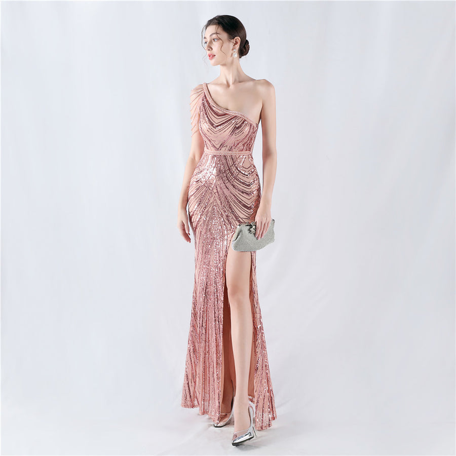 Beaded One Shoulder Formal Dress
