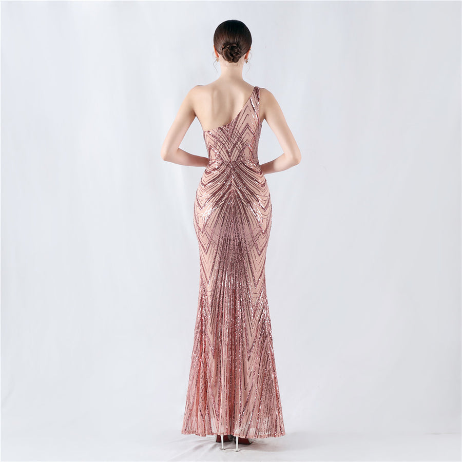 Beaded High Cut One Shoulder Formal Dress