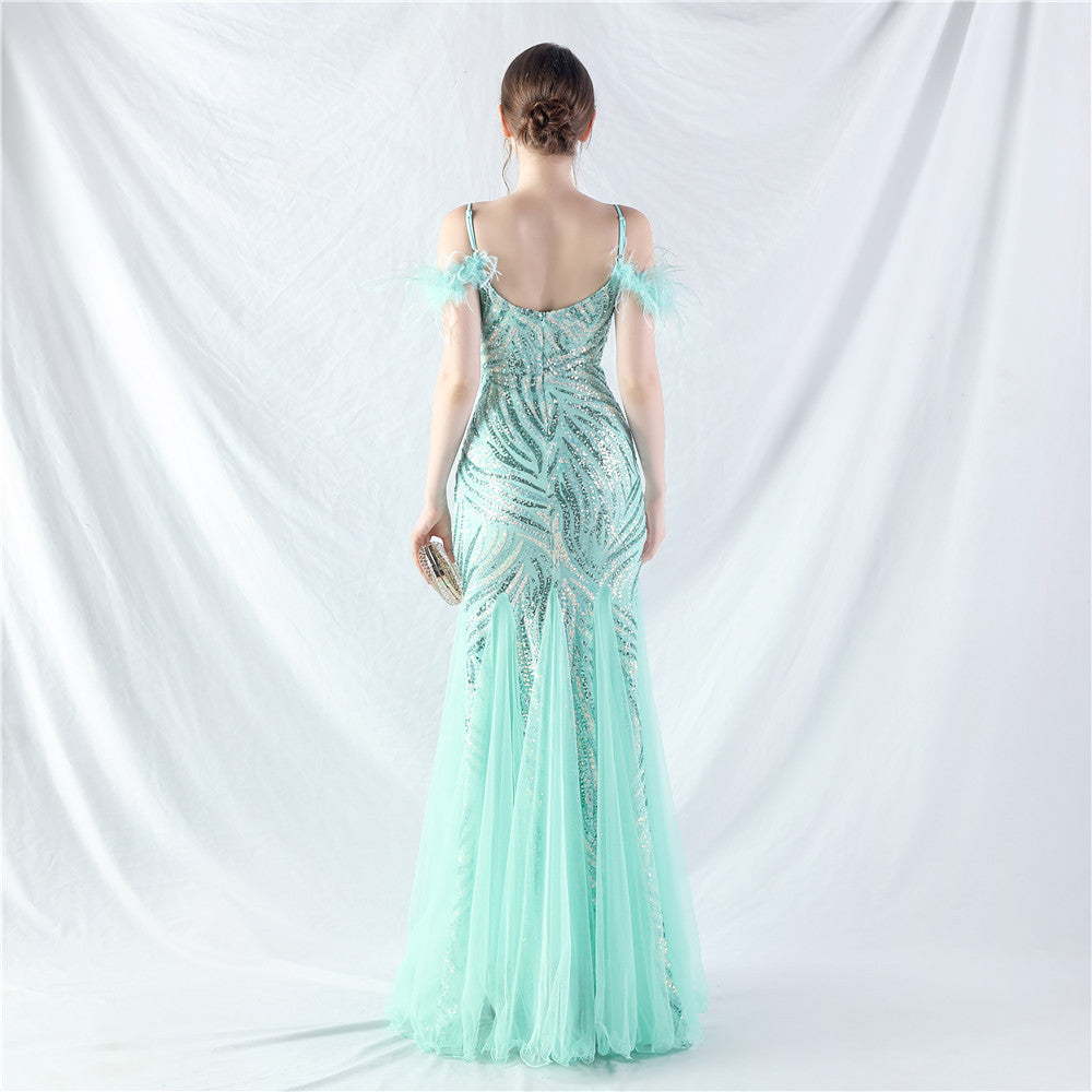 Beaded Patchwork Mesh Formal Dress
