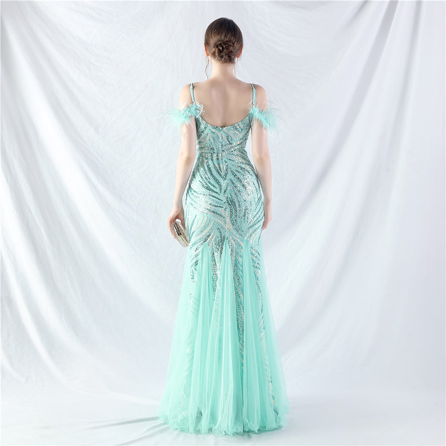 Beaded Patchwork Mesh Formal Dress
