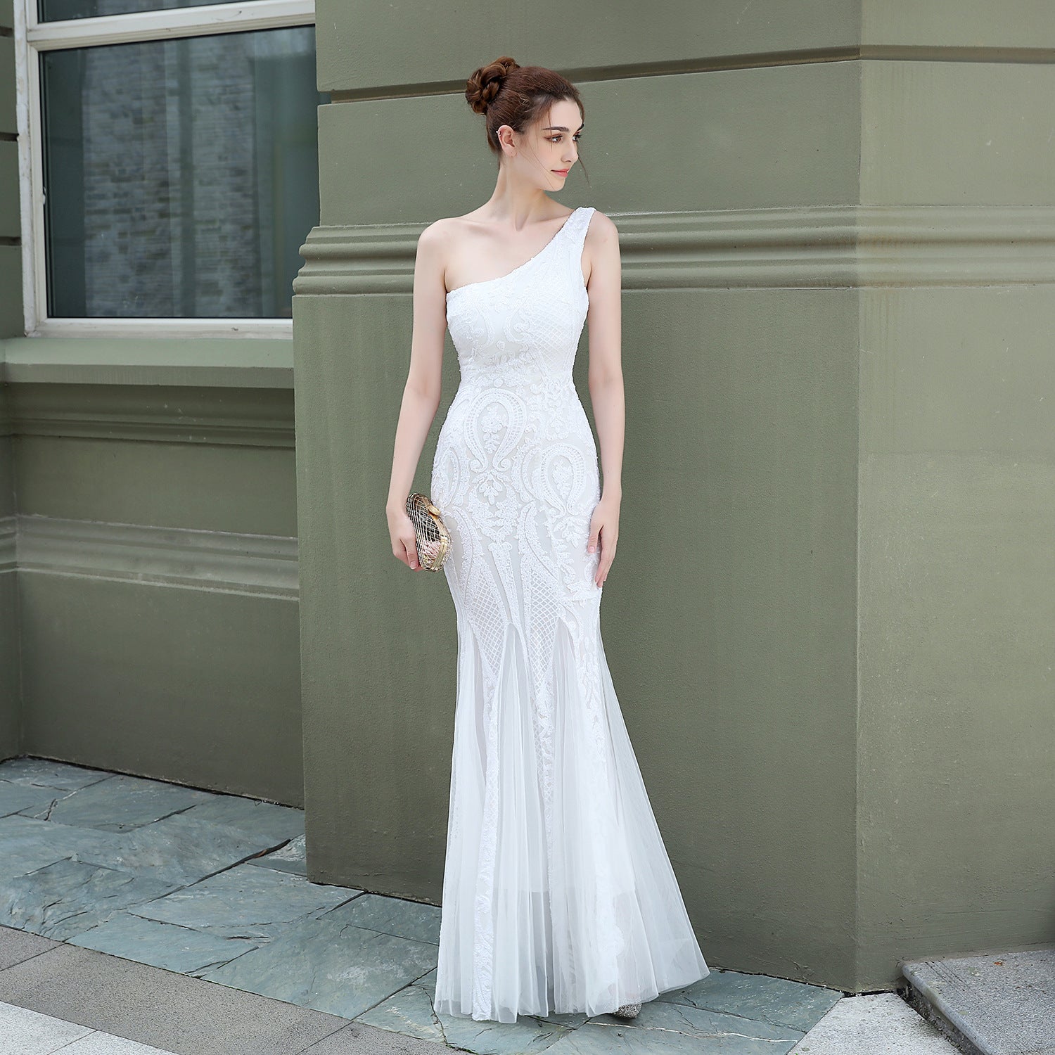 Astraea-16552-One Shoulder Beaded Formal Dress