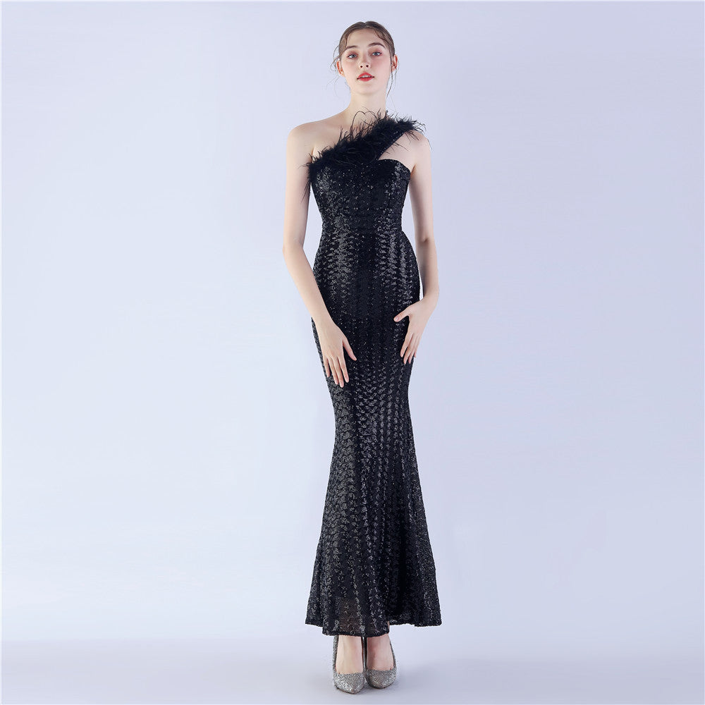 Erato-31359-Ostrich Fur One-Shoulder Slant Neck Beaded Maxi Dress