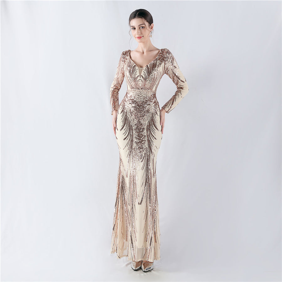 Beaded Long Sleeve Formal Dress