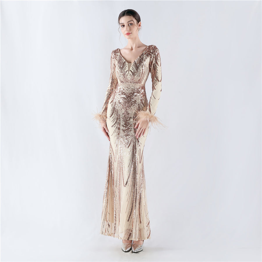 Positioned Flower Ostrich Fur Formal Dress
