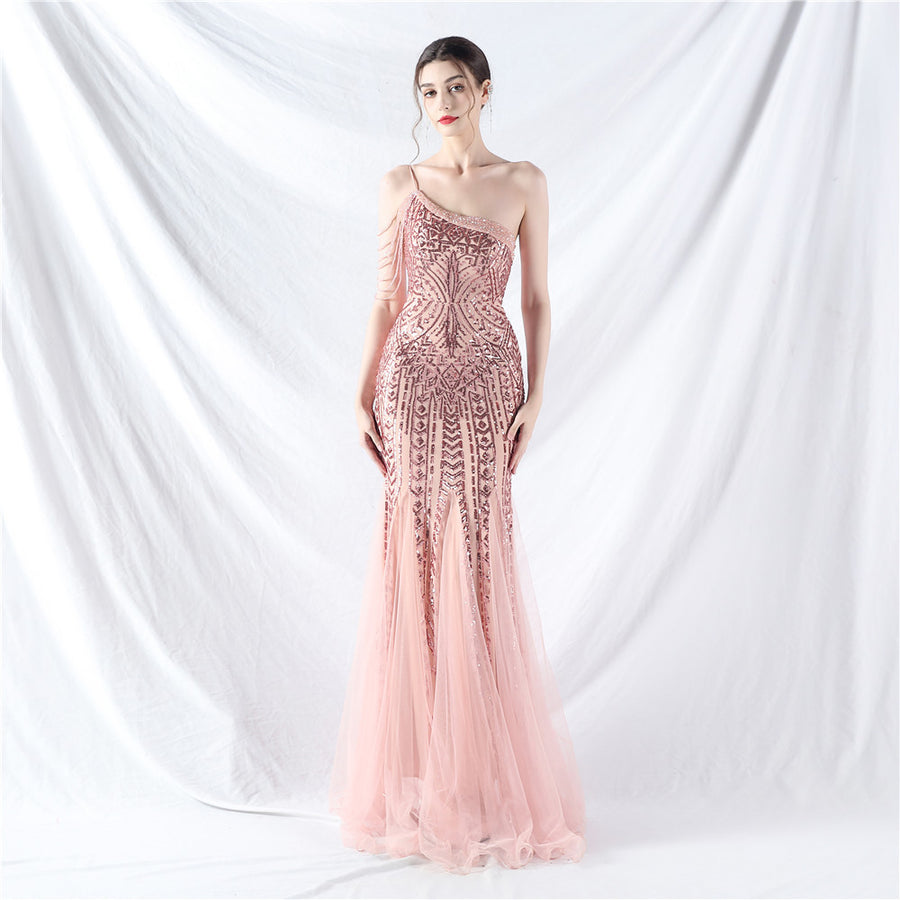 Beaded Patchwork Mesh One Shoulder Formal Gown