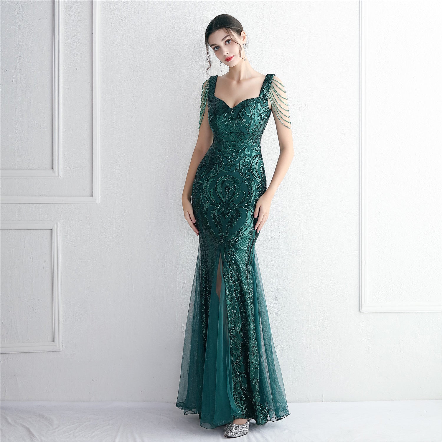 19618 - Ishtar-Beaded Mesh Formal Dress