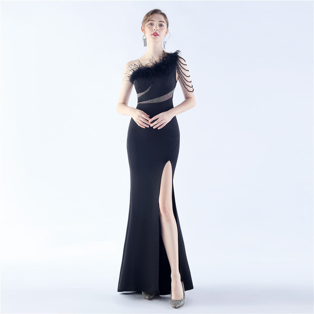 Inanna-31336-Ostrich Fur Slant Neck One Shoulder Formal Dress