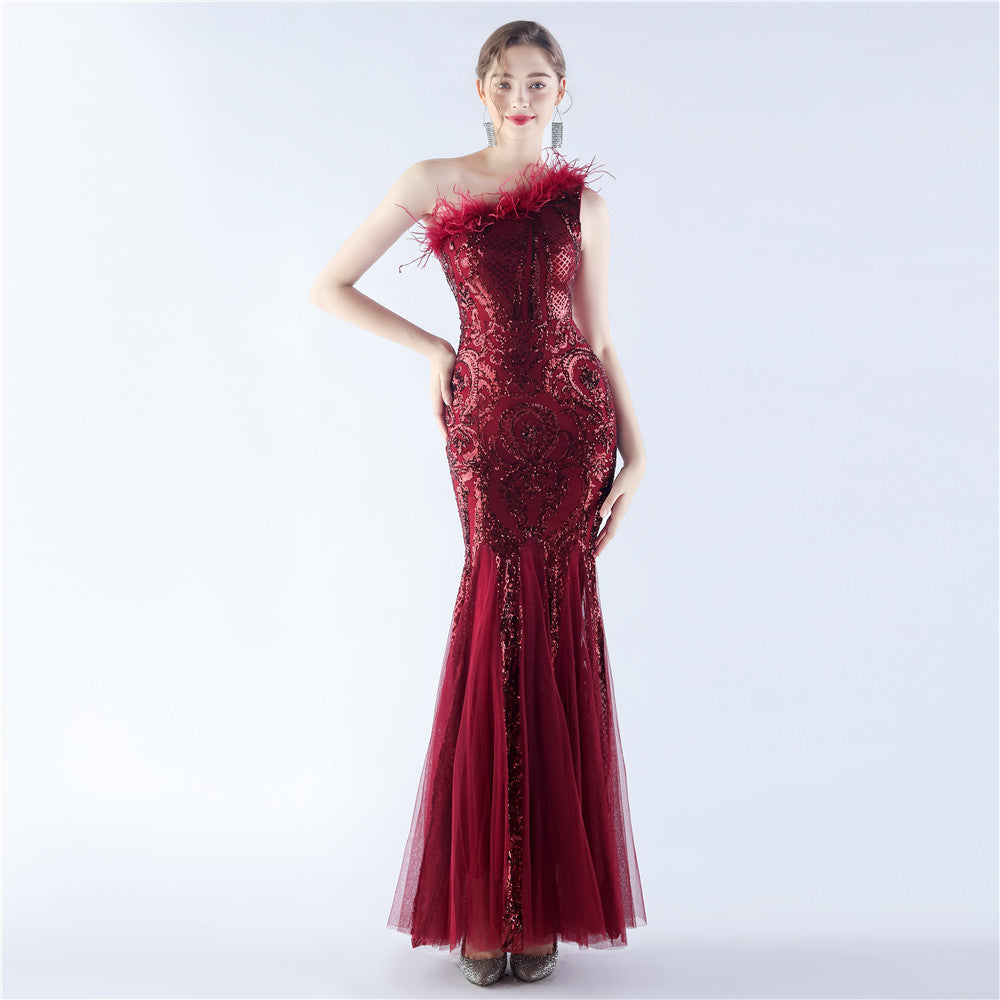 Asherah-31351-Ostrich Mesh Sequined Formal Dress