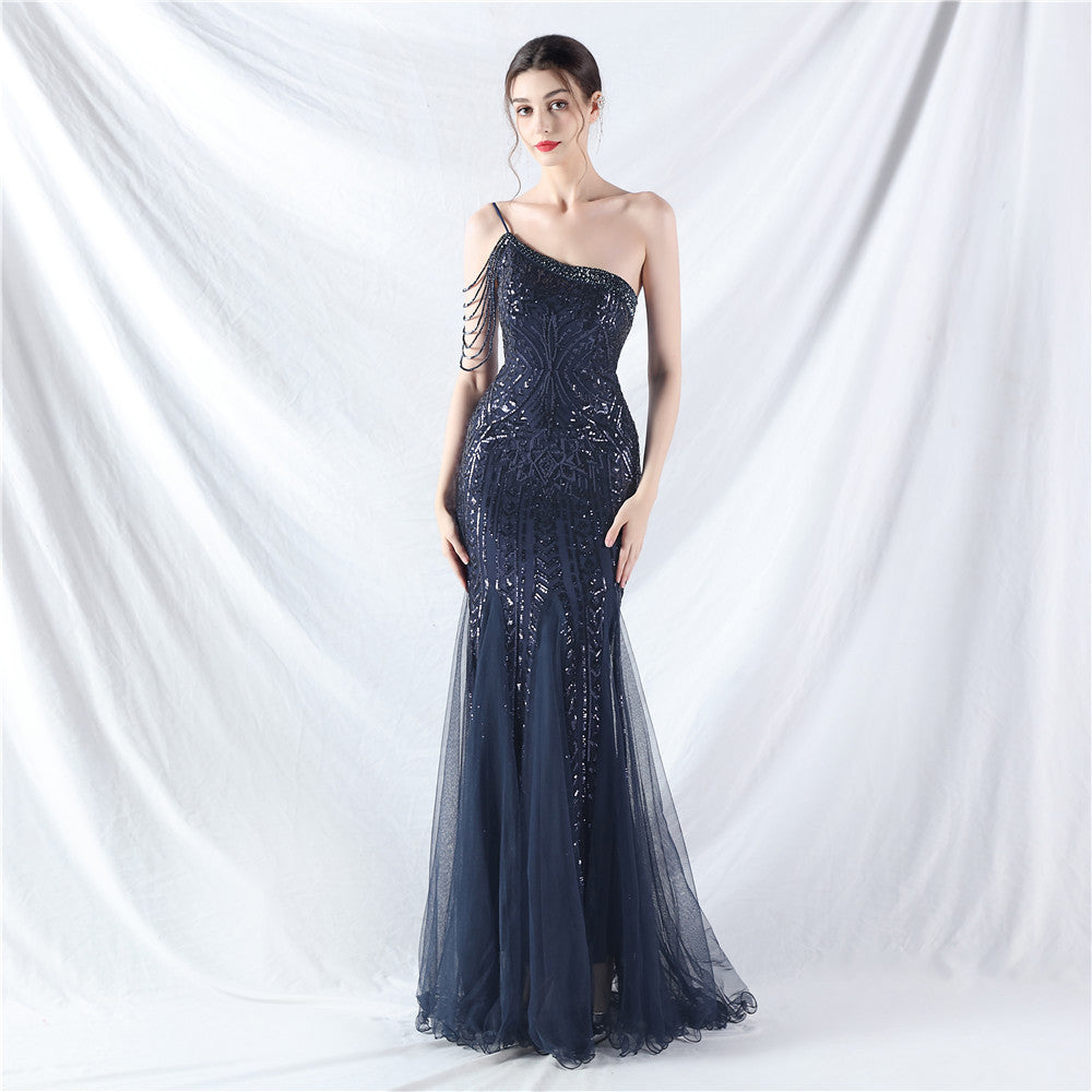 Beaded Patchwork Mesh One Shoulder Formal Gown