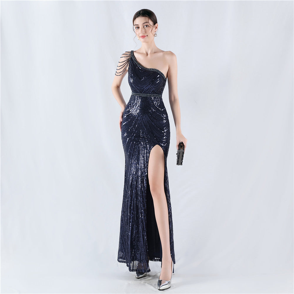Beaded One Shoulder Formal Dress