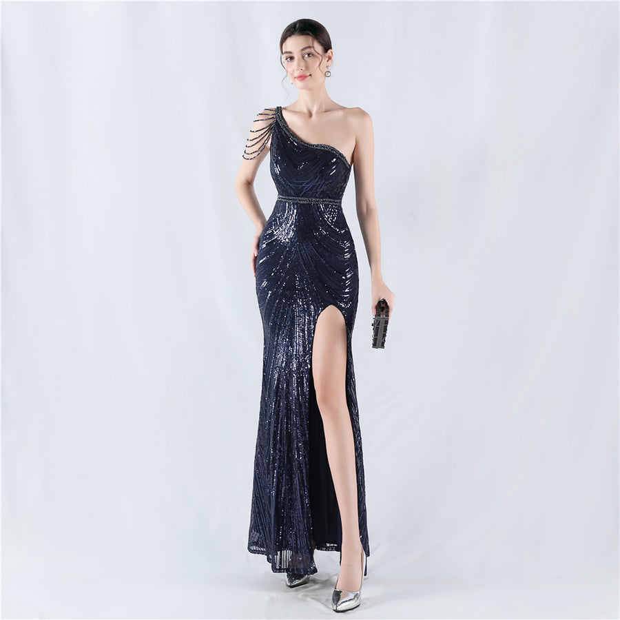 Beaded One Shoulder Formal Dress