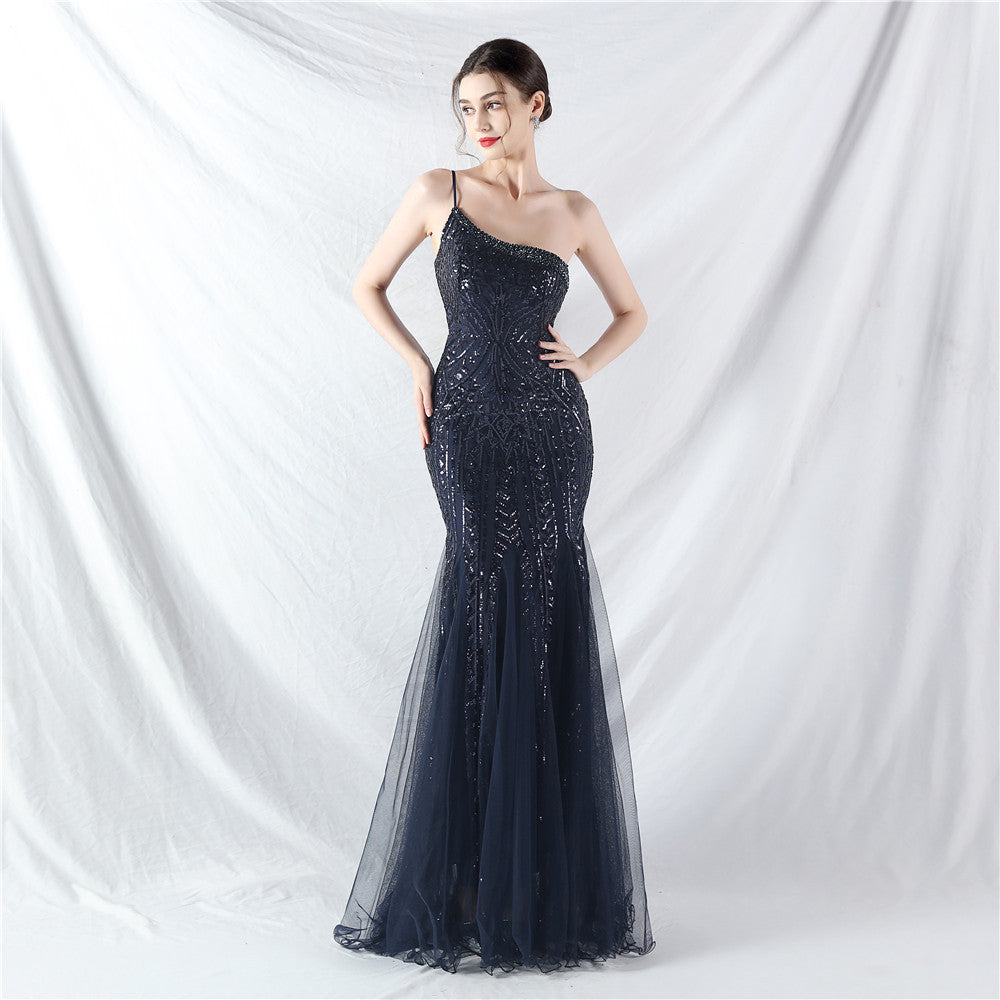 Astra-31881-Beaded Patchwork Mesh One Shoulder Gown