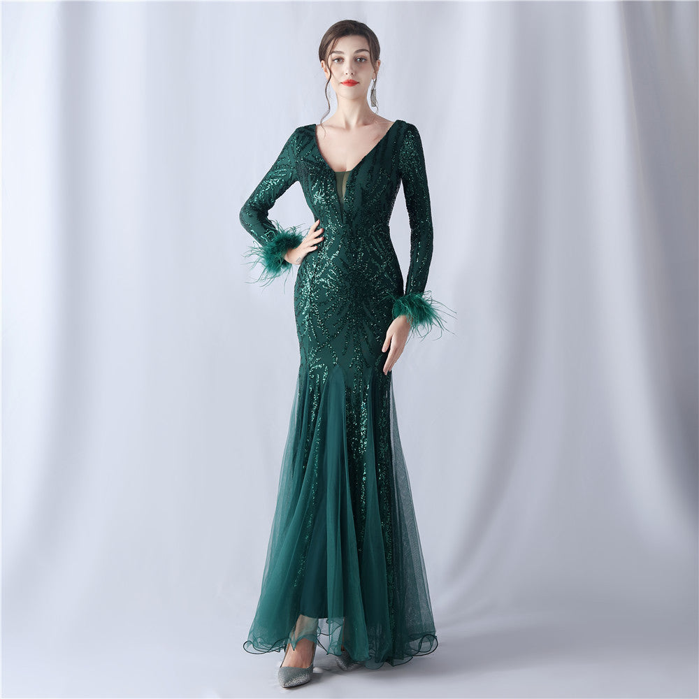 Rhea-31613-Ostrich Fur Mesh Beaded Formal Dresses