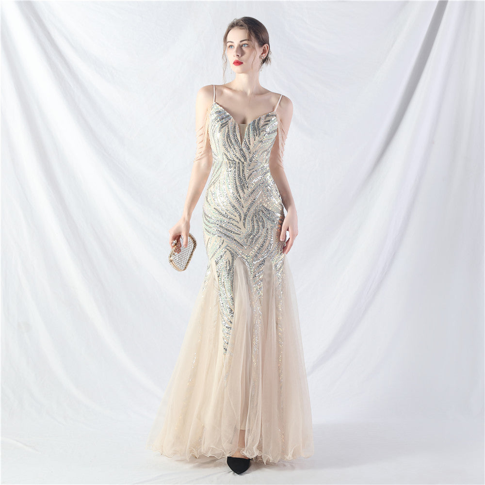 Beaded Patchwork Mesh Formal Dress