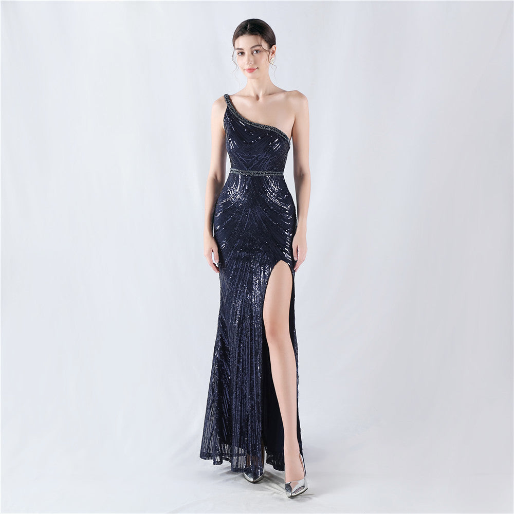 Beaded High Cut One Shoulder Formal Dress
