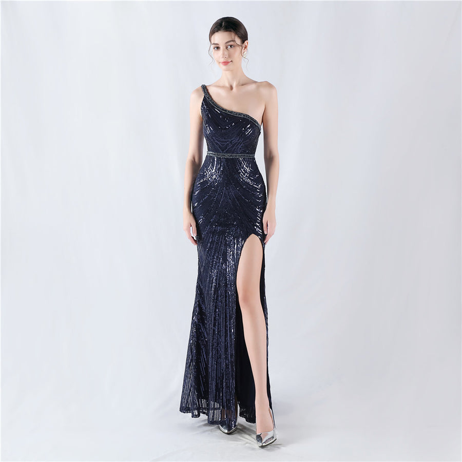 Beaded High Cut One Shoulder Formal Dress