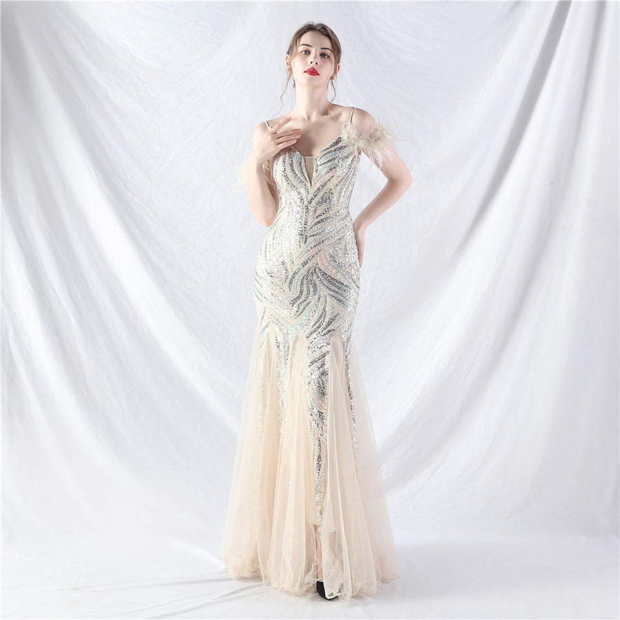Beaded Patchwork Mesh Formal Dress