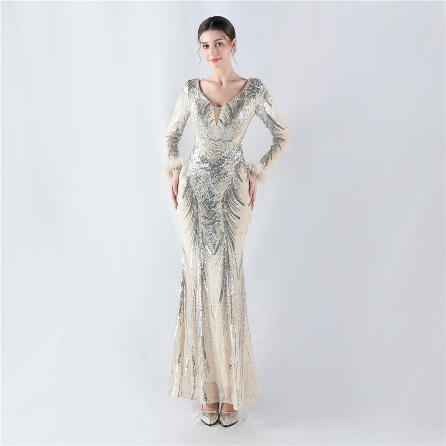 Positioned Flower Ostrich Fur Formal Dress