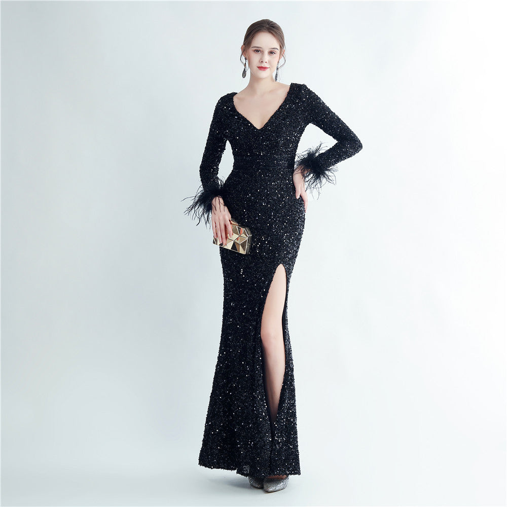 Cybele-31207-Side Split Long Sleeve Sequin Formal Dress