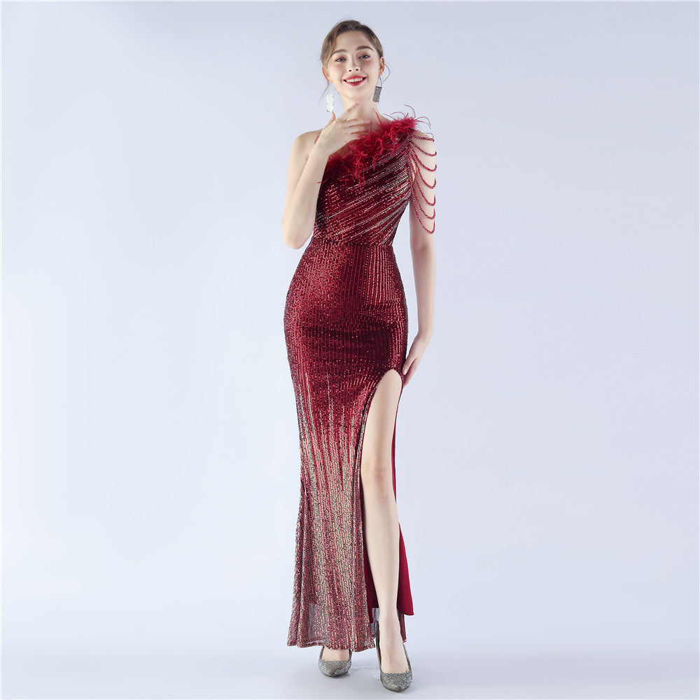 Horae-31321 Formal Dresses diagonal collar shoulder evening dress