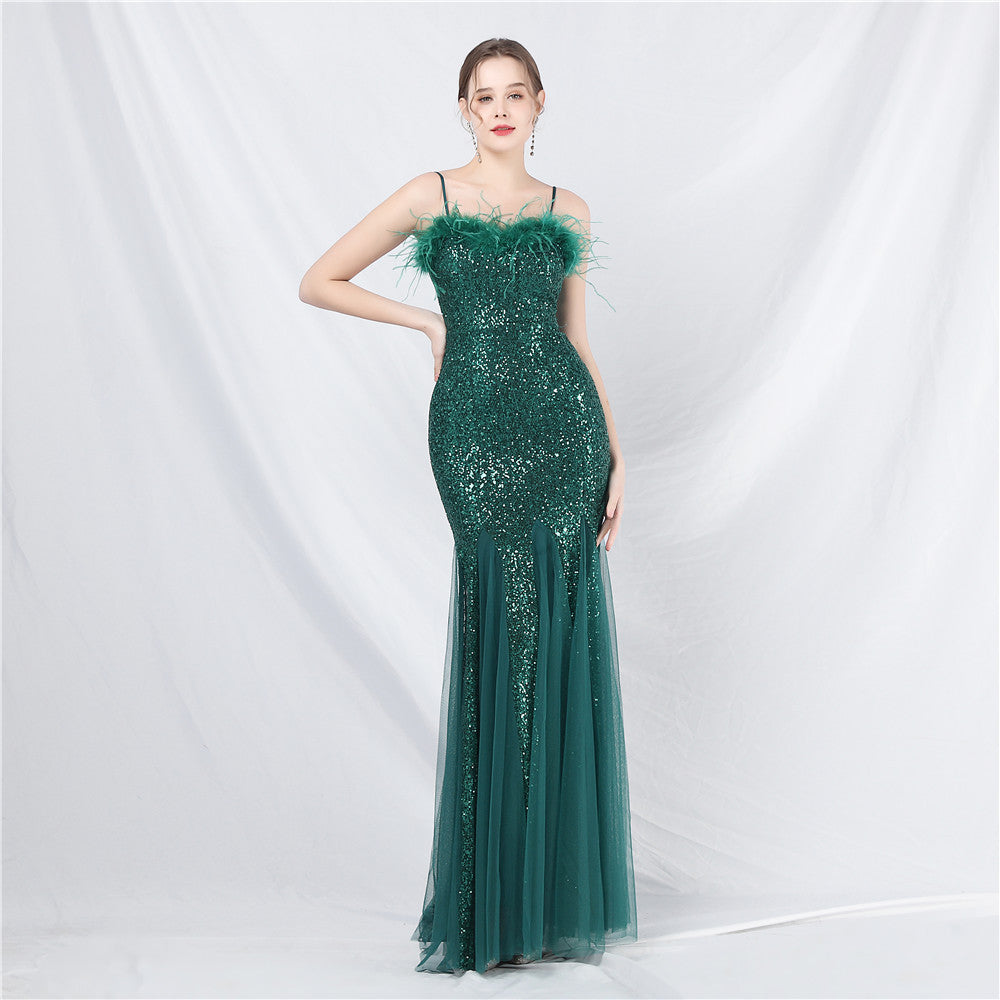 Saraswati-31852-Ostrich Fur Mesh Beaded Formal Dresses